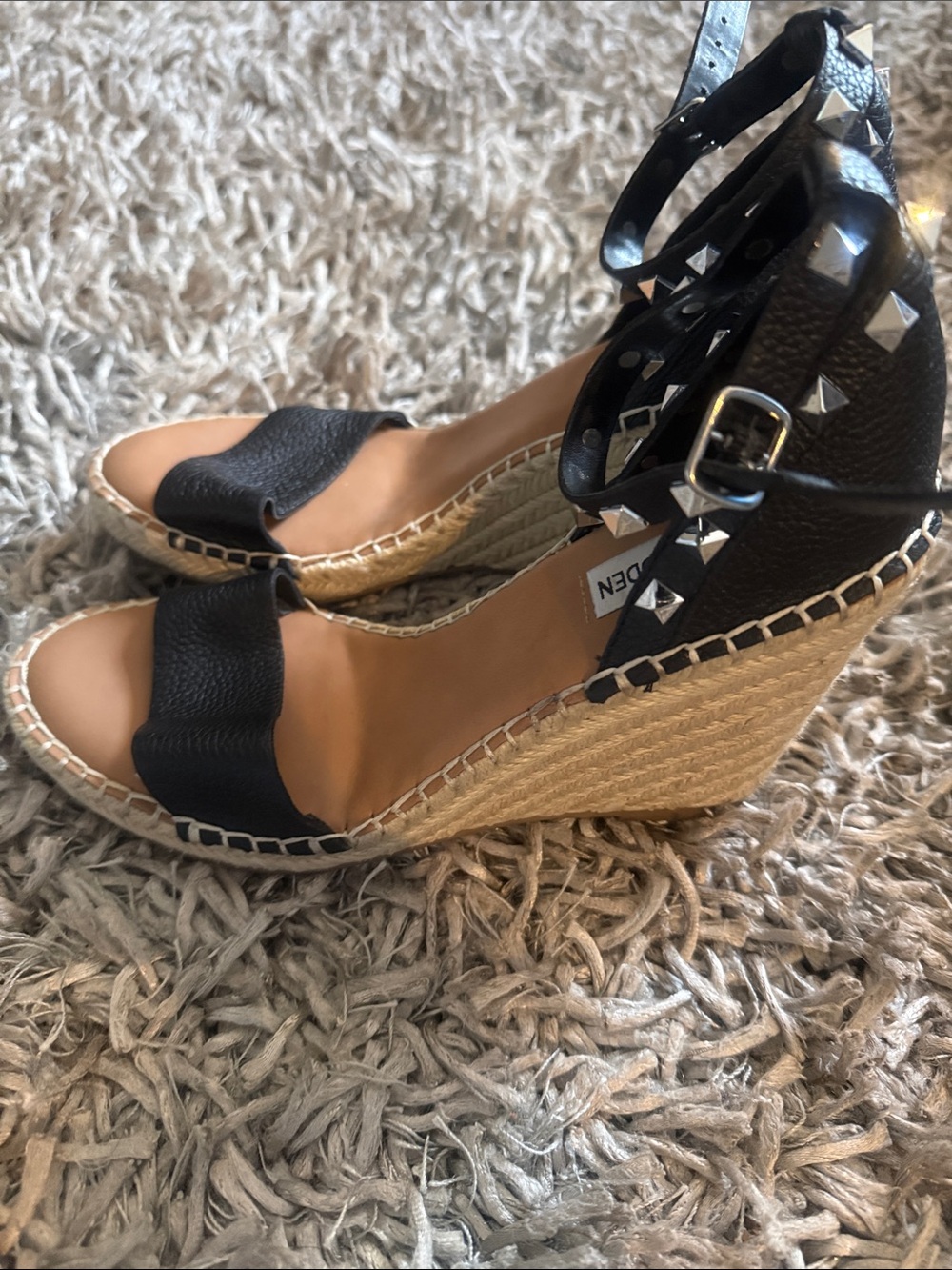 Steve Madden Black Studded Espadrille Wedge Sandals with Tan Insole - Picture 3 of 5